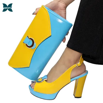 

2020 Newest Fashionable Italian design Yellow and Blue Colorful Style African Women Shoes and Matching Bag for party