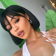 

10inch Brazilian Straight Short Bob Wigs With Bangs Bob Human Hair Wigs With Bangs For Black Women Natural Color 150% Density
