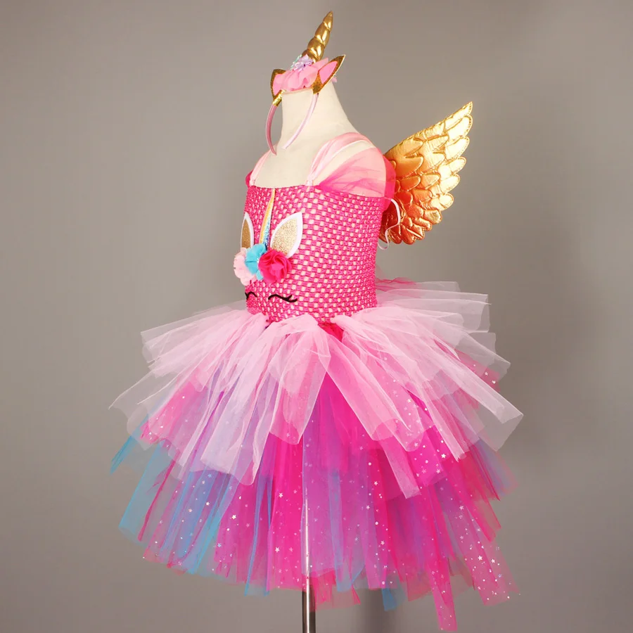 Layered Flower Girl Unicorn Tutu Dress with Headband Wings Sequins Birthday Party Halloween Cosplay Tutu Dress up Unicorn Costume (15)