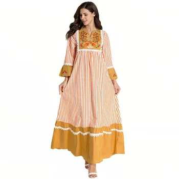 

Muslim Middle East Fashion Large Size Women's Striped Abaya Maxi Dress Stitching Embroidered Long-sleeved Casual Islamic Kaftan