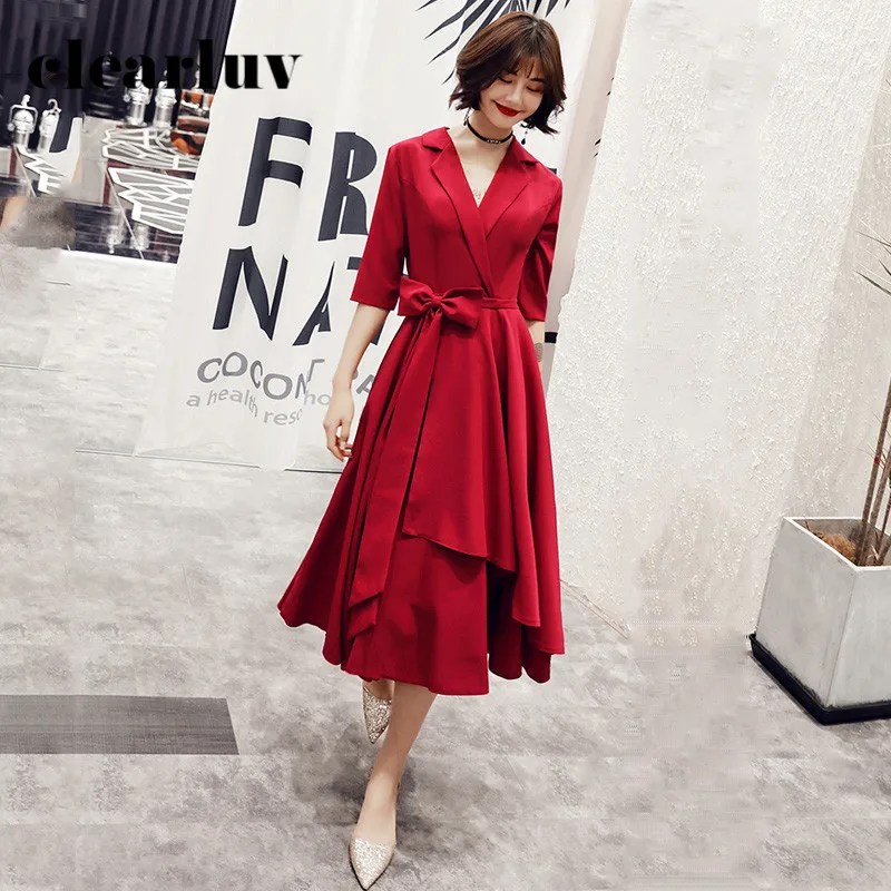 

Burgundy A-Line Women Party Gowns DR307 V-Neck Bow Elegant Evening Dresses Half Sleeve Vestidos Tea-Length Formal Dress 2020