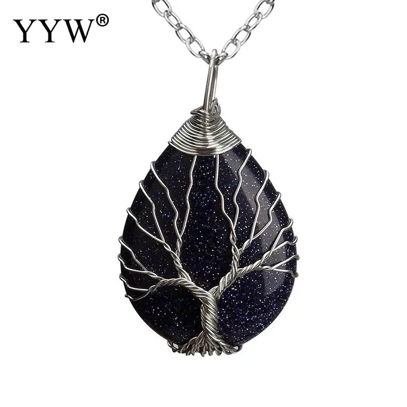 blue goldstone Ожерелье из натурального камня, драгоценный камень, капля воды, панданты, серебряный цвет, золотой камень, бирюза, морской опал, тигровый глаз, женская бижутерия - Окраска металла: blue goldstone