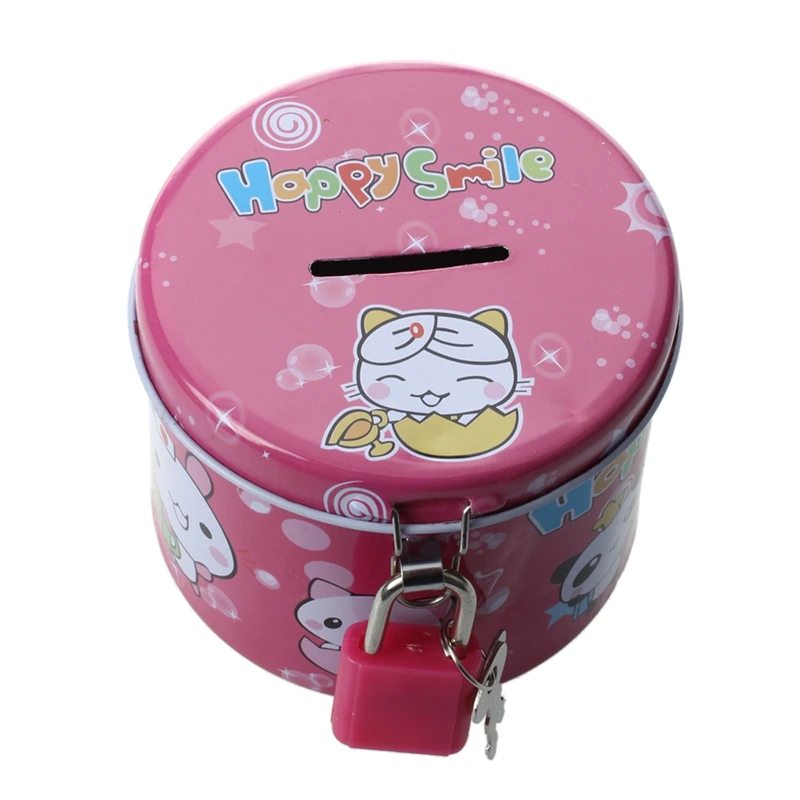 

Cylinder Design Cartoon Print Piggy Bank Coin Money Saving Box w Padlock