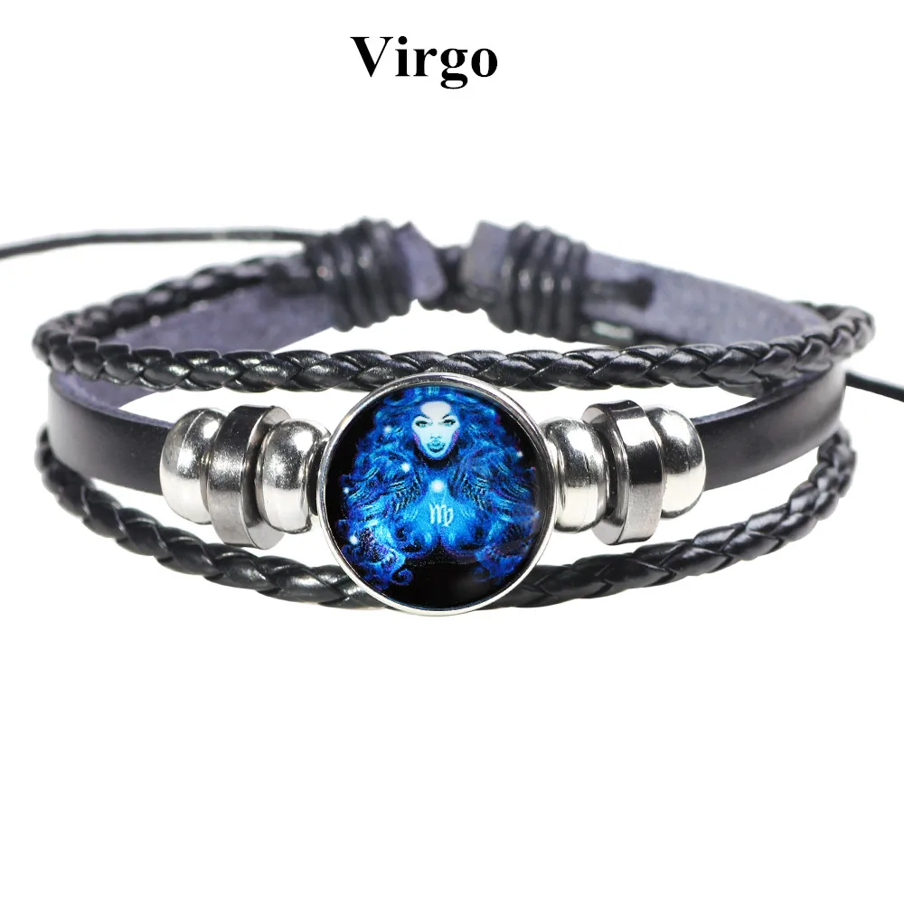 Seanuo синий стеклянный 12 Созвездие зодиака ручной работы кожаный браслет для мужчин женщин Открытый регулируемый пара обёрточная бумага браслеты подарок - Окраска металла: Virgo