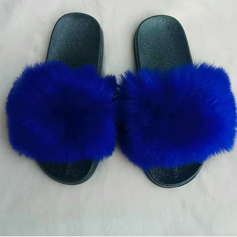 blue Осенние женские меховые тапочки на плоской подошве; модная обувь с открытым носком; Плюшевые Пушистые Теплые Модные цветные женские туфли с перекрестными ремешками; Новинка года - Цвет: blue