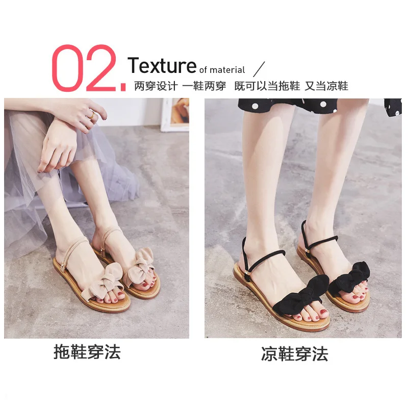 

Flat Heel Sandals Women's 2019 New Style Summer Casual Open Toe Bow Deconstructable Line-styled Students Double Purpose Slippers