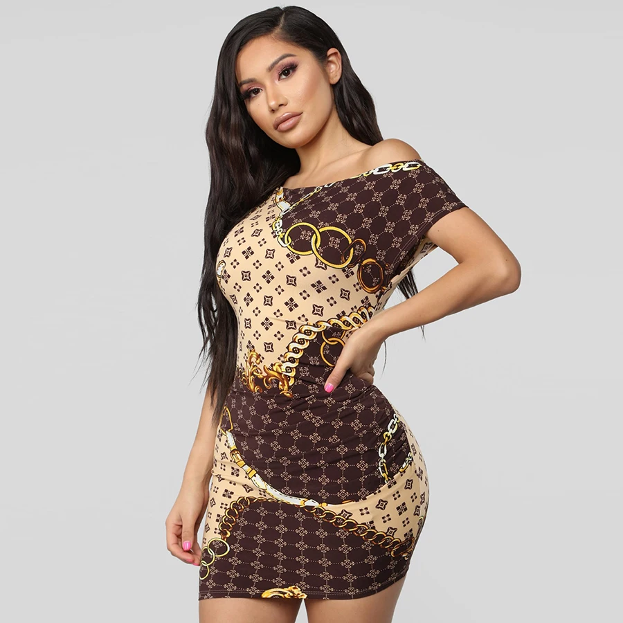 

New 2019 fashion explosion section oblique necklace gold chain print sexy tight dress casual ladies short dress