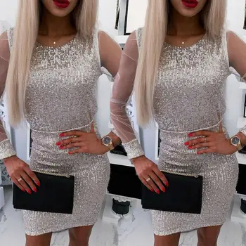 

Women Sequins Pencil Dress 2020 Summer Sexy Perspective Mesh Lace Long Sleeve Bandage Bodycon Evening Party Club Mini Dresses