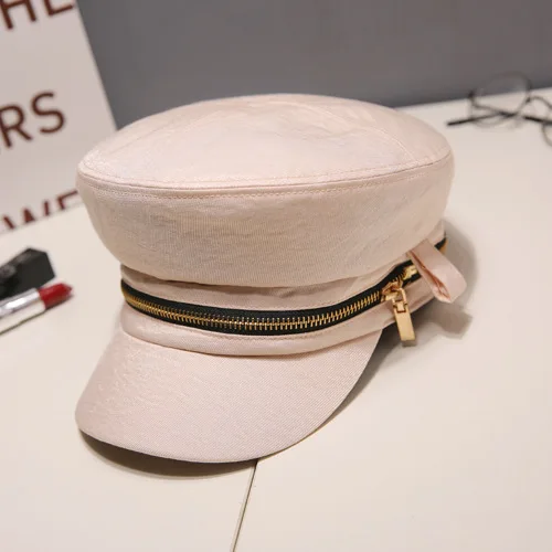 Hat Female Autumn and Winter New Korean Metal Zipper Naval Hat Academy Wind Restoration Duck Tongue Beret - Цвет: Розовый