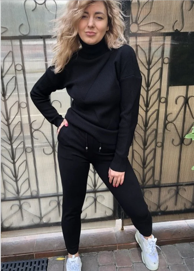 Осенний свитер, женские костюмы, вязанный хлопковый женский спортивный костюм из двух частей, зимний женский свитер с высоким воротом, пуловеры и штаны, Женский комплект - Цвет: Черный