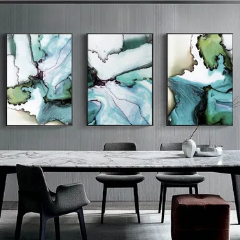 

Abstract Home Decoration Canvas Painting Green and Blue Geometric Ink Marble Poster Watercolour Wall Art Picture For Living Room