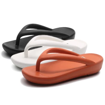 

Casual Women's Leather Flip Flops 2020 Summer New Round Head Ladies White Beach Shoes Non Slip Chunky Black Slippers Woman