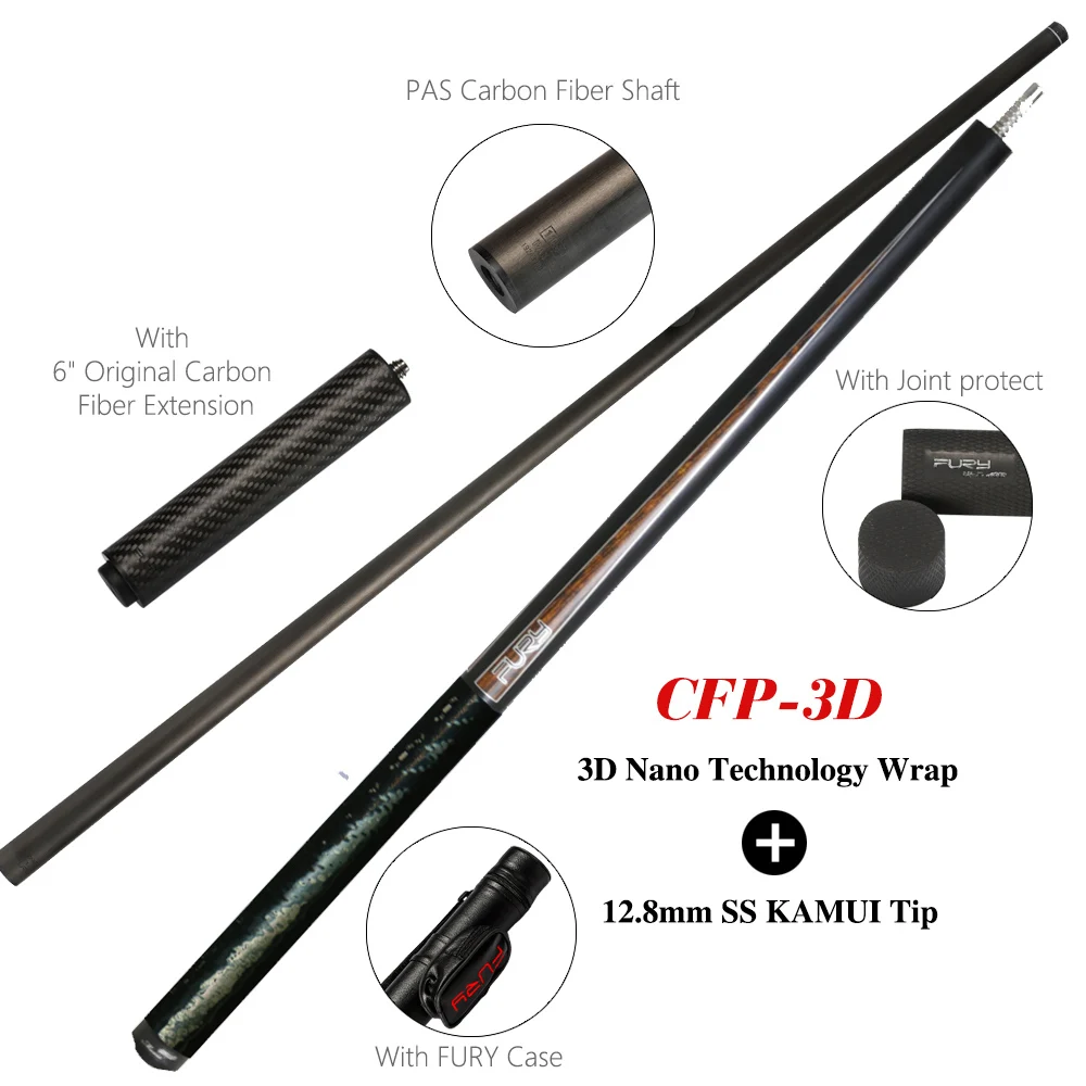 FURY CFP Billiard Black Technology Pool Cue 12.5mm/12.8mm SS Kamui Tip PAS Carbon Fiber Shaft Professional Billar Stick Kit - Цвет: CFP-3D(12.8mm 3D)