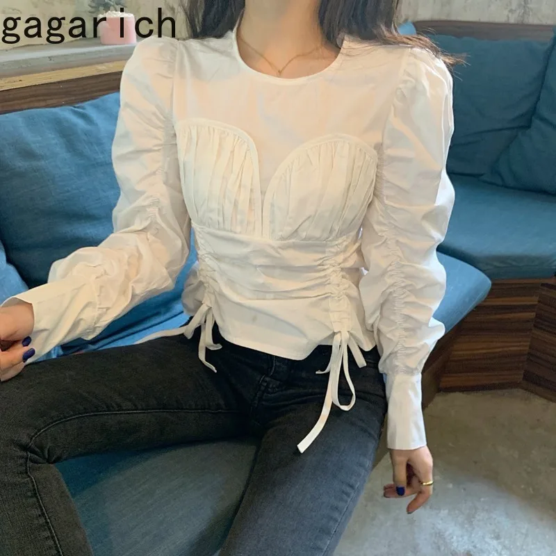 

Gagarich Spring New Women Short Blouses Fashion Ladies Drawstring Puff Long Sleeve Shirts Female Elegant Casual Solid Tops Chic