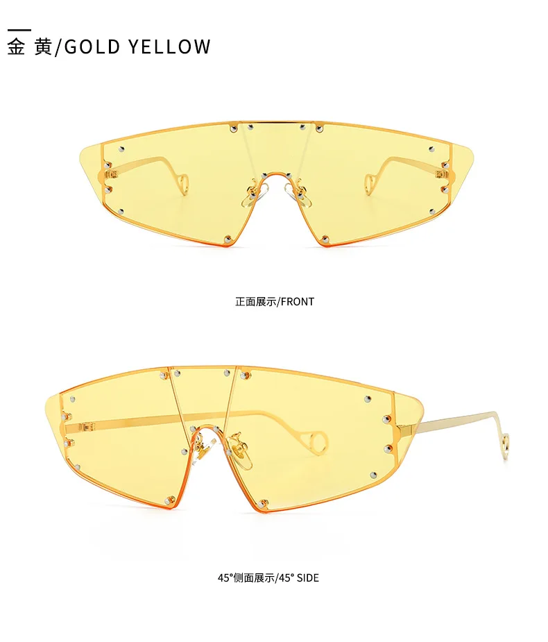 Модные женские солнцезащитные очки кошачий глаз, новинка, роскошные цельные зеркальные розовые линзы, очки с заклепками для мужчин и женщин, винтажные очки - Цвет линз: gold yellow