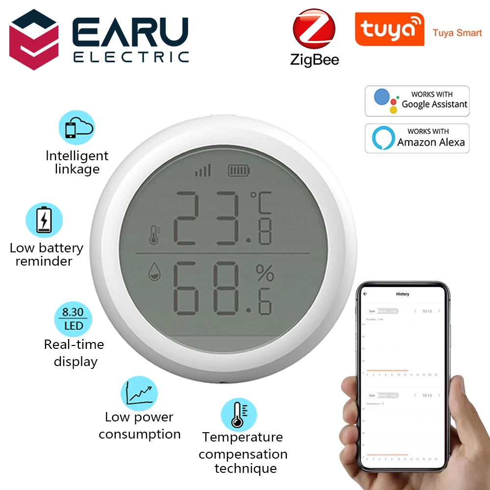

Wireless WiFi Smart Temperature Humidity Sensor Meter LED Screen Display Works With ZigBee Hub TUYA Smart Life Google Home Alexa