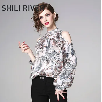 

2020 spring summer tops for women long sleeve blouse loose casual print floral flower retro elegant cold shoulder chiffon shirt