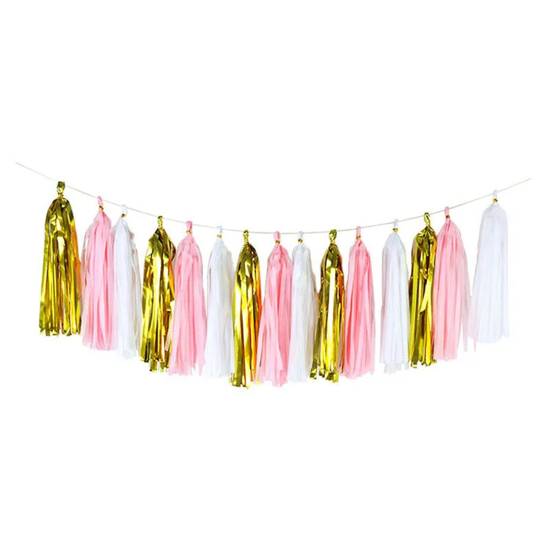 3Packs(15Pcs) 12*35cm Pink Gold Tissue Paper Tassels Hanging Garland Banners Baby Shower DIY Craft Birthday Wedding Decoration