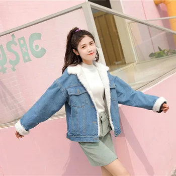 

Autumn And Winter Spring Fur Jean Denim Jacket Women Winter Front Button Flap Pockets Blue Bomber Jacket Coat