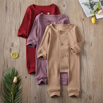 

New Infant Baby Girls Boys Jumpsuit Solid Color Long-Sleeve Buttoned Playsuit Cotton Ribbed Bodysuit Autumn Clothes