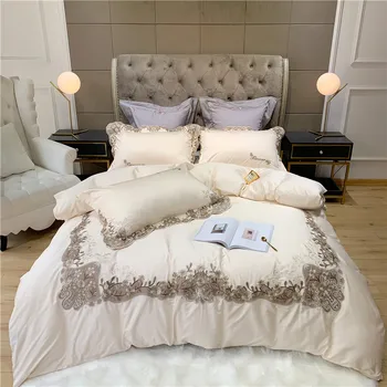 

New Egyptian Cotton Luxury Bedding Set flowers Embroidery Bed Set adults King Queen Bed Linens Duvet Cover Bed Sheet