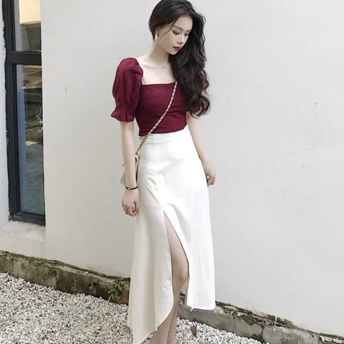 

French Two-Piece Set Women's Summer 2019 New Style Korean-style Palace Style Square Collar Tops High-waisted Slit-Half-length Sk