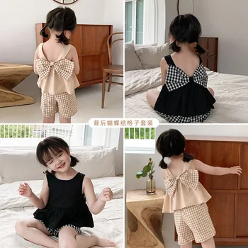 

2020 New Style Girls 2PCS Set Plaid Bow Shirt + Shorts Summer Kids Girls Suits 1-6t