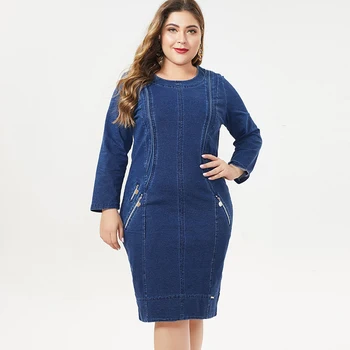 

Women's Plus Size Denim Dress Spring 2020 Long Sleeve O Neck Zippers Pockets Blue Casual Large Size Slim Pencil Dresses 5XL 4XL