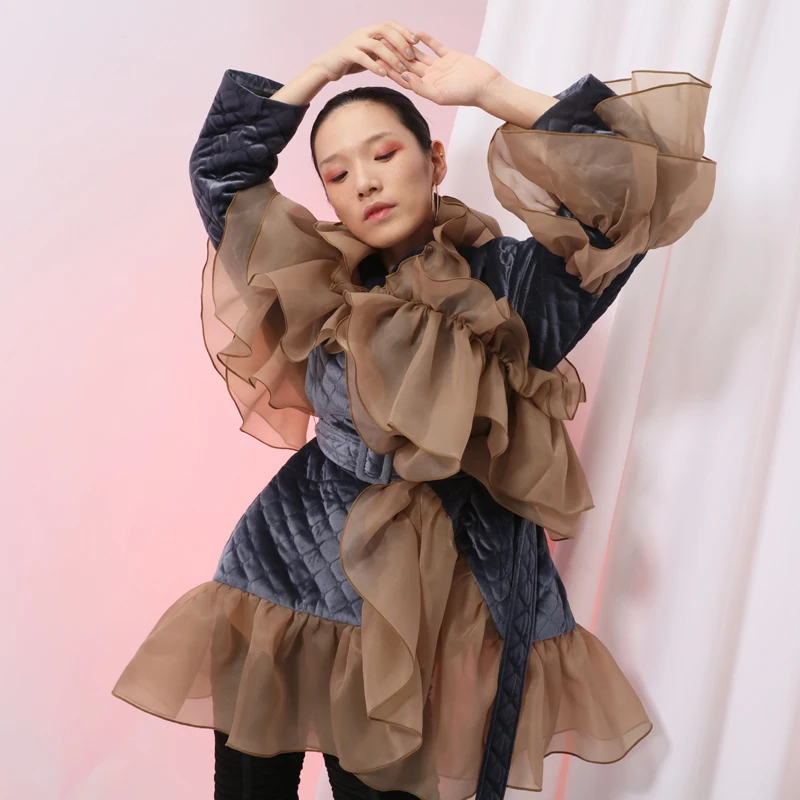 

iMucci 2020 New Spring Design Velvet Asymmetry Jacket Long Sleeve Split Joint Ruffles Personality High Quality Women Coat TM1283