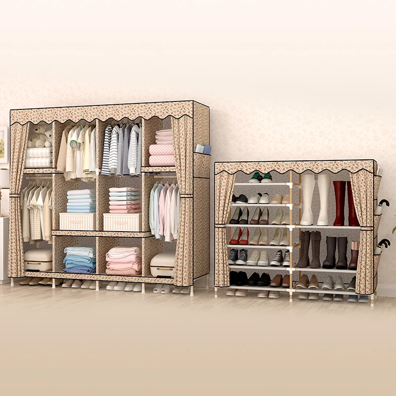 

Simple cloth wardrobe fabric simple economic folding double shoe cabinet shoe rack solid wood wardrobe double