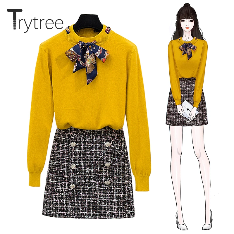 

Trytree Autumn Winter two piece set Casual Bow Pullovers Knitwear Sweater + Skirt Zipper Mini Fashion Office Lady 2 Piece Set