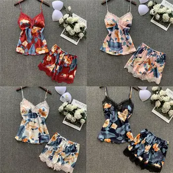 

Women's Sexy Sleepwear Satin Floral Printed Pajama Silk V-Neck Lace Casual Nightgown two Pieces Pajama Top And Shorts