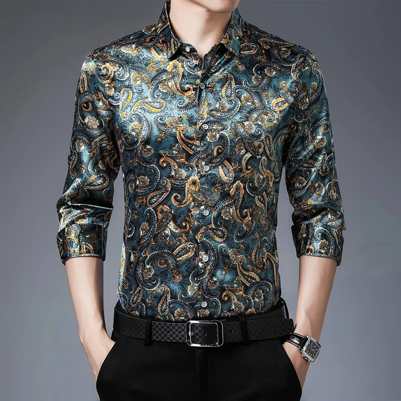 UnusualLuxuryVintageMensClothingSilkShirtForMensSatinGreen