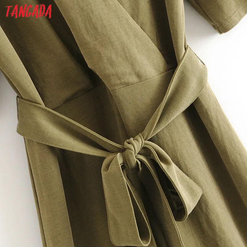 Tangada Women solid amy green long jumpsuit short Sleeve v neck bow tie female casual Jumpsuit HY35
