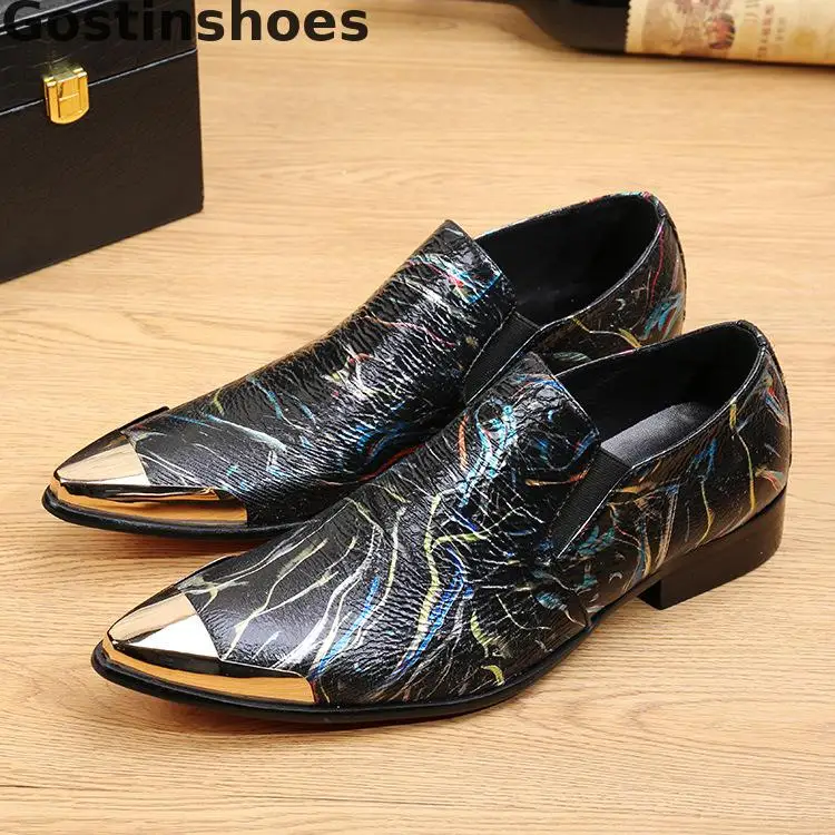 

Men Oxfords Black Genuine Leather Colorful Striped Decoration Men Casual Shoes Fashion Leisure Business Men Shoes Iron Tipped