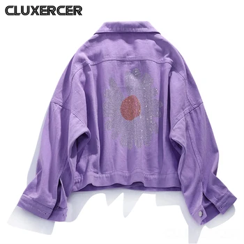 

Fashion Floral Embroidered Denim Jacket Women Streetwear Long Sleeve Loose Diamonds Short Jeans Coat Yellow Pink Purple White