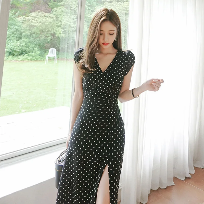 

Polka Dot Dress 2019 Summer New Style Elegant V-neck Slim Fit Slit Waist Hugging Mid-length Fashion Debutante WOMEN'S Dress