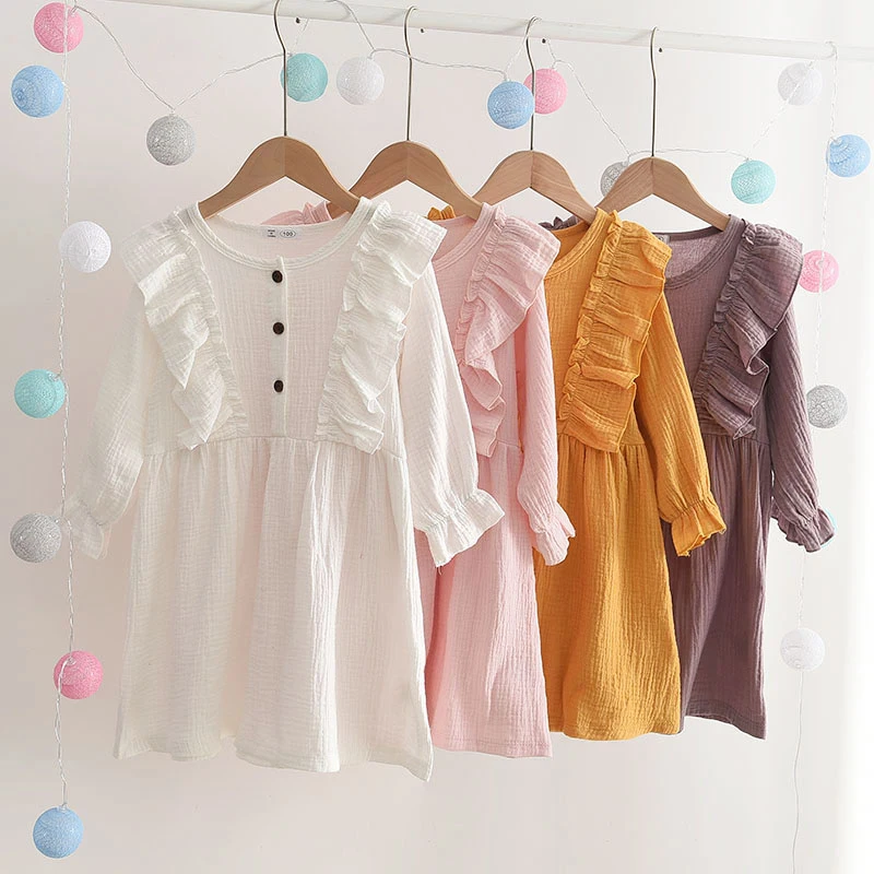 Menoea Baby Girls Dress Autumn Spring Ruffles Long Sleeve Solid Color Cotton Party Casual Clothes Toddler Kid 1-4Y | Детская одежда и