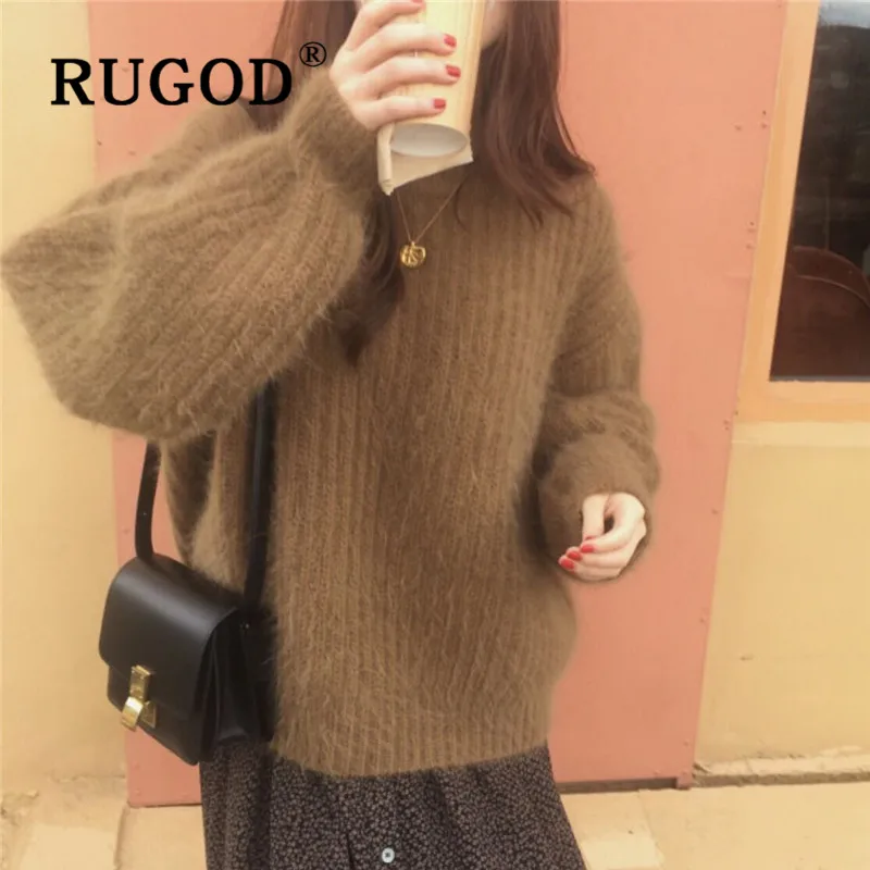 RUGOD, Женский пуловер с круглым вырезом, шерстяной, пушистый, однотонный, свободный, вязаный свитер, новинка, зимний, теплый, мягкий, модный, женский, корейский, милый, топы