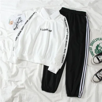 

2020 Tracksuit Women 2 Piece Set long sleeve Turn-down Collar patchwork sweatshirt + pants female letter print clothing set