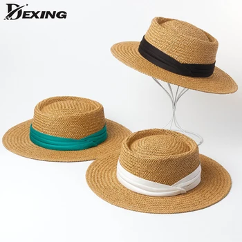 

Handmade Natural Straw Hat Men Panama Summer Fashion Cap Flat Protetion Visor Sun Boat Hats Beach Hat for Women