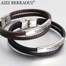 AZIZ BEKKAOUI, браслет из нержавеющей стали с двойным слоем и гравировкой, черный кожаный браслет для женщин, мужской браслет, Индивидуальные ювелирные изделия