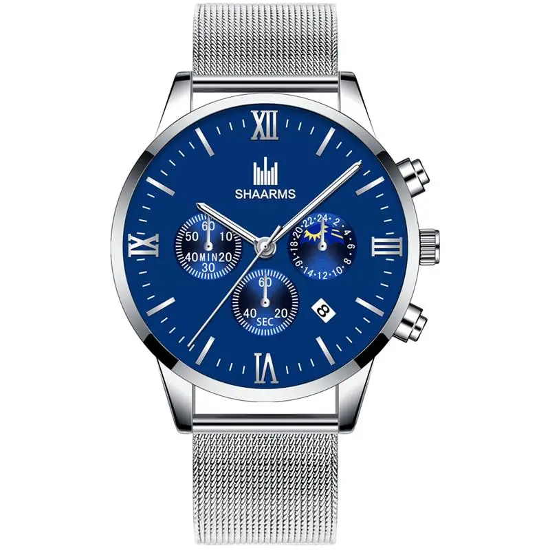 

SHAARMS Men Moon Watch Military Sport Watches Mesh Band Quartz Business Wristwatch Fashion Luxury Date Clock Reloj Hombre