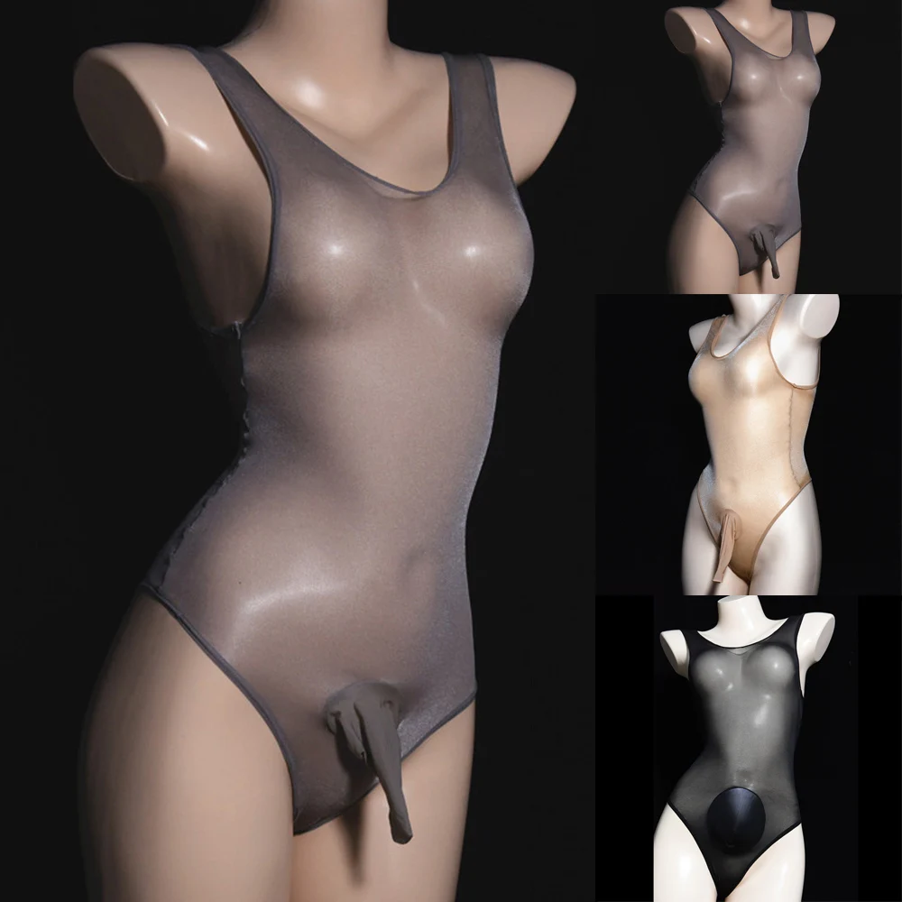 Men's Sleeveless Strappy Mesh Sheer Bodysuit Leotard See Through Pantyhose Sexy Men Oil Shiny Penis Sheath Tights Hosiery