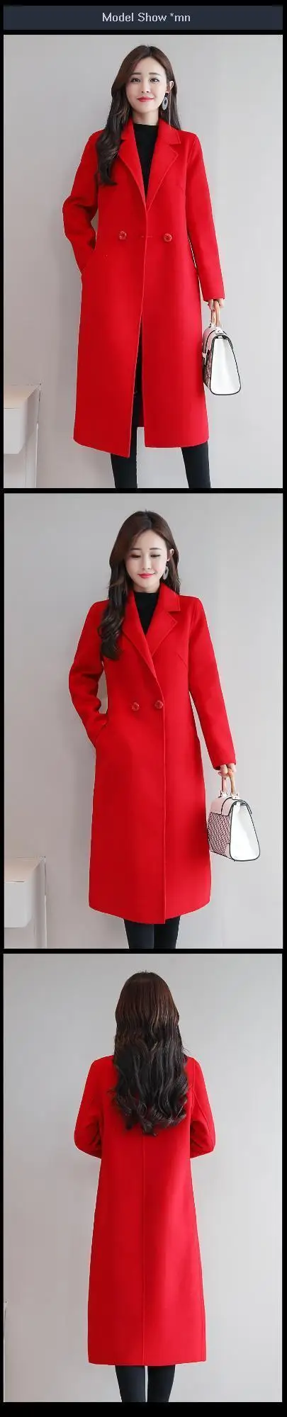 Winter Long Coat Women Wool Korean Overcoat Woolen Loose Winterjas Dames Red White Camel Turn Down Collar Female Coats