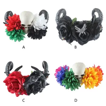 

Handmade Demon Horns Headband Artificial Rose Flower Hair Hoop Spider Fly Skull Head Halloween Cosplay Costume Headpiece