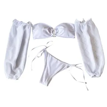 

Women 2Pcs Sexy Bikini Set Off Shoulder Chiffon Puff Sleeve Swimsuit Ruched O-Ring Bra Side Tie Thong White Bathing Suit