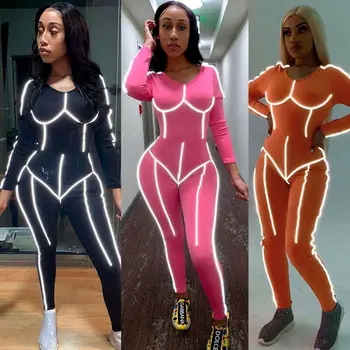 

Women Long Sleeve Reflective Jumpsuit Romper Bodycon Playsuit Clubwear Long Trousers Party Pants