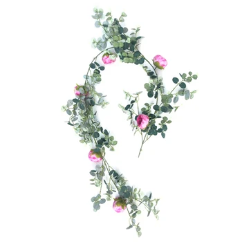 

1.85m Simulation Rattan with Rosy Flower Artificial Eucalyptus Vine Hanging Rattan for Wedding Garden Wall Decor