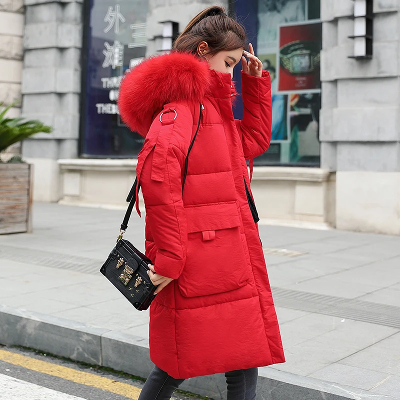 Зимняя женская куртка, зимняя длинная парка, пальто, теплая Повседневная куртка-парка с капюшоном, Женское пальто - Цвет: Красный
